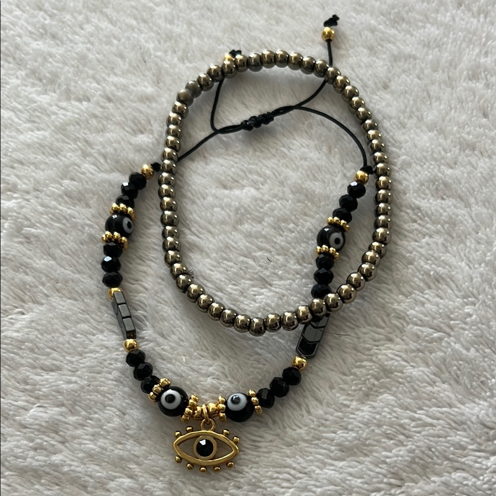 Gold and Black Beaded Evil Eye Bracelet Set